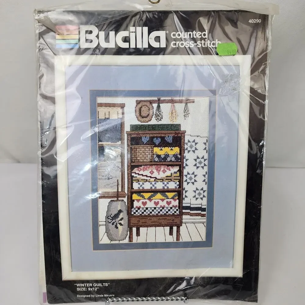 Bucilla Counted Cross Stitch Kit Winter Quilts in Wood Cabinet 9